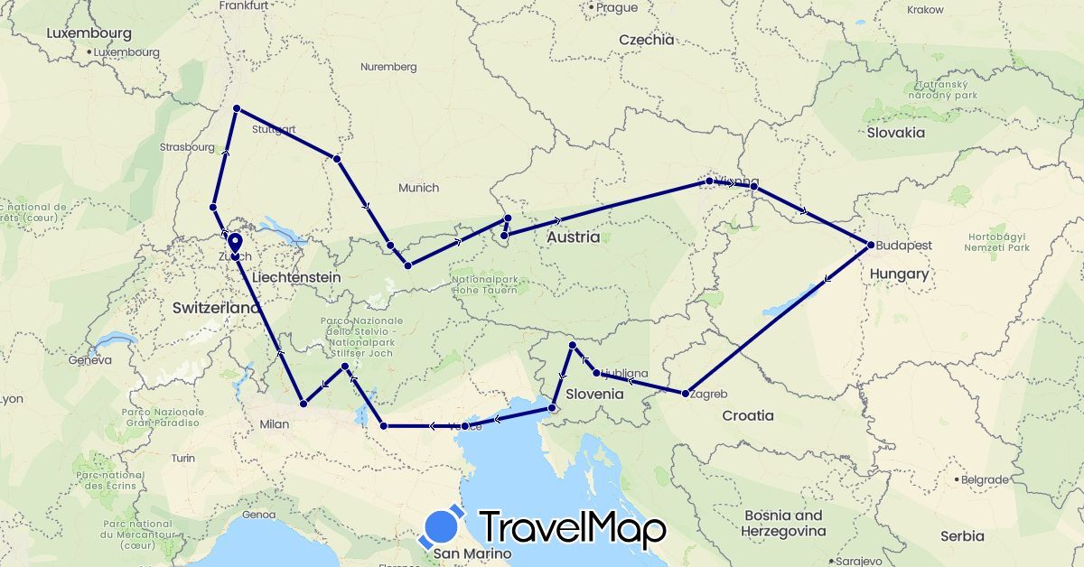 TravelMap itinerary: driving in Austria, Switzerland, Germany, Croatia, Hungary, Italy, Slovenia, Slovakia (Europe)